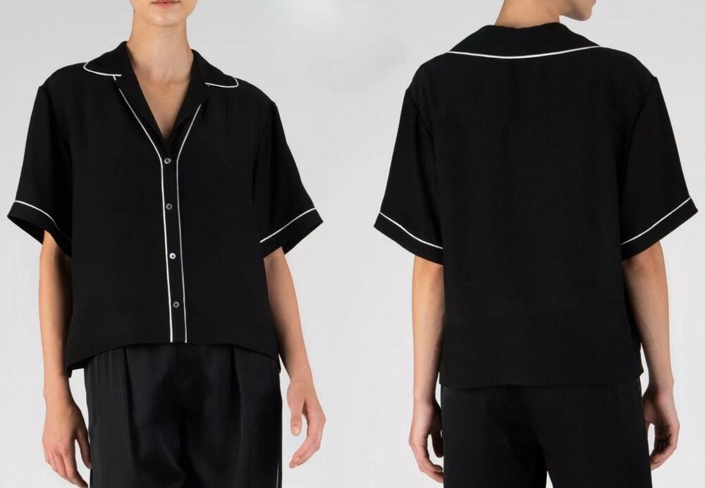 Atm Hammered Silk Cropped Black Button Down Blouse Shirt Black Size XS